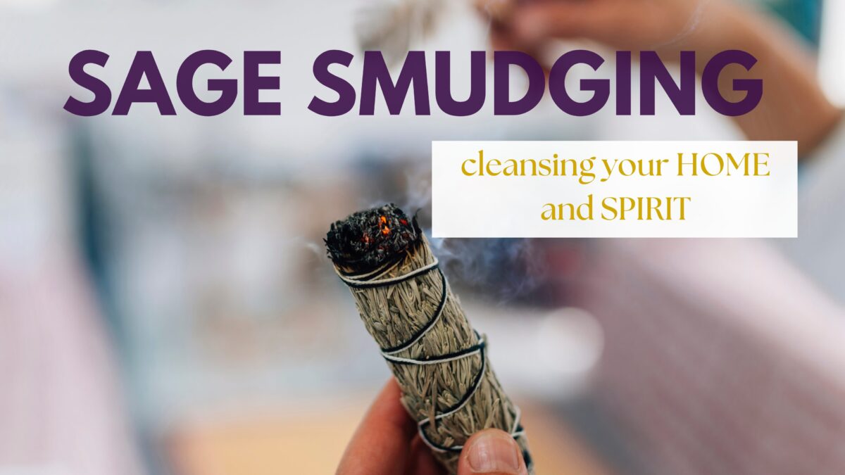 Sage bundle burning during a smudging ritual with bold text in violet font color Sage Smudging