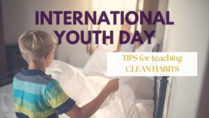 Children making their bed to develop clean habits with a text International Youth Day