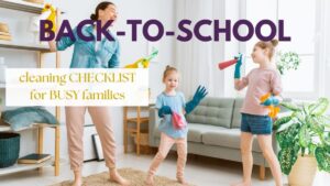 Family organising living room for back-to-school with a violet text back-to-school